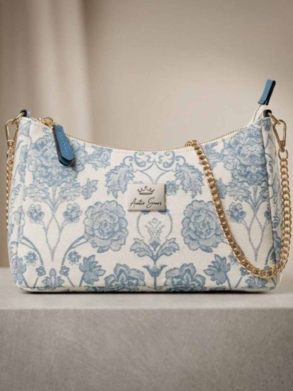 Blue Floral Mini Shoulder Bag with Gold Chain